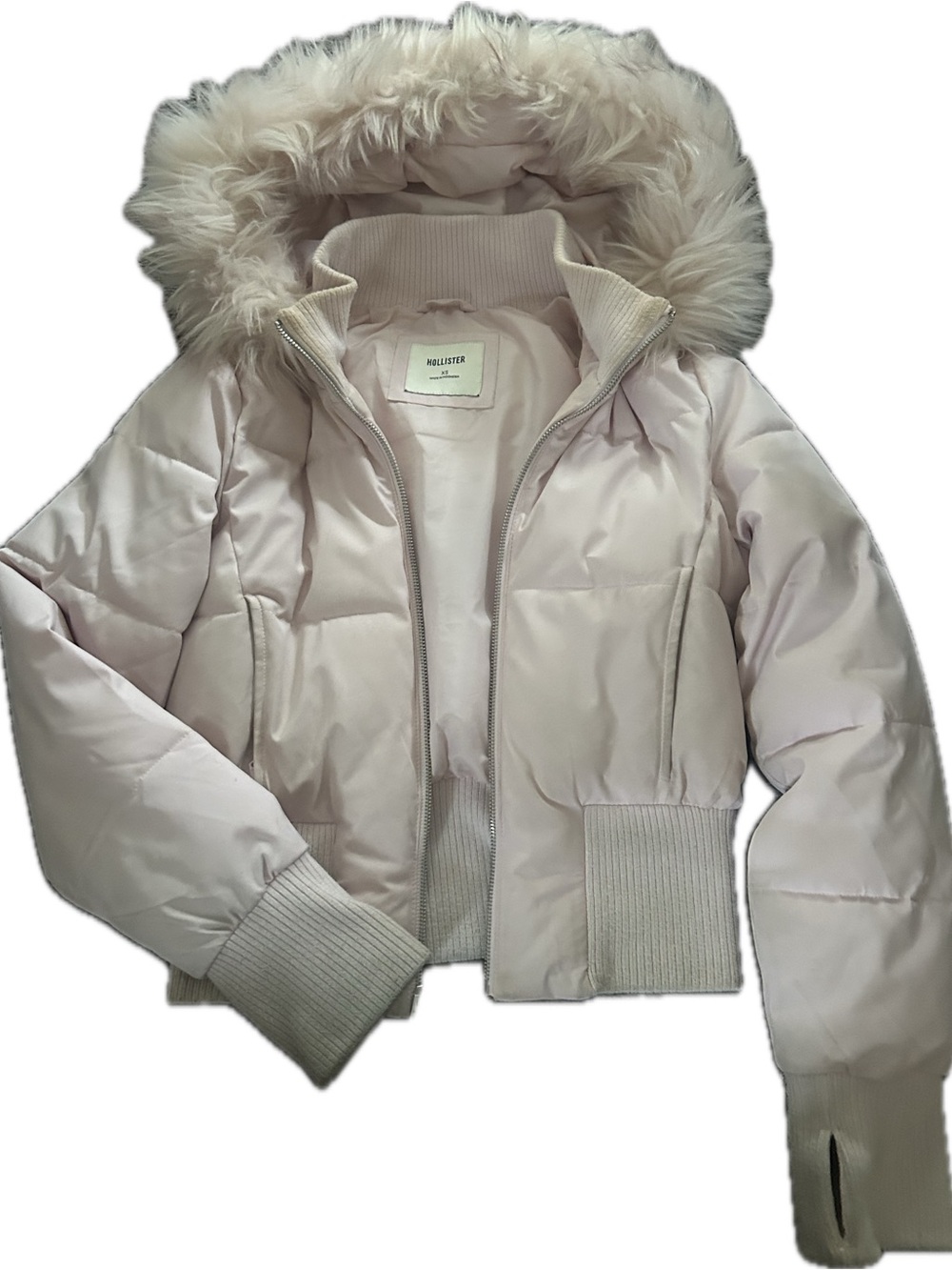 Hollister Women's Pale Pink Faux Fur-Trim Hooded Bomber Jacket